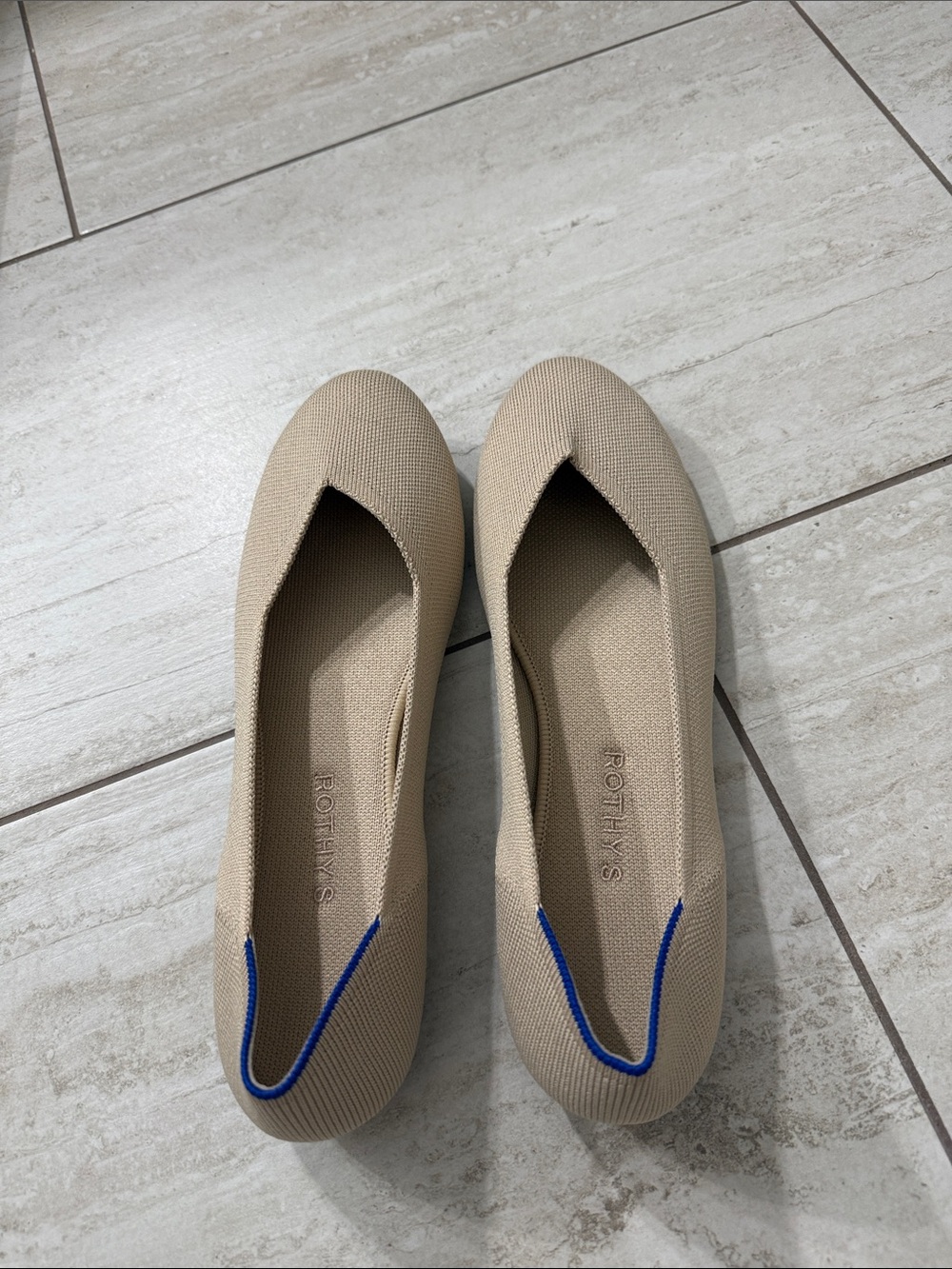 Rothy's Beige Knit Flats with Blue Trim… new.. size 12..ladies